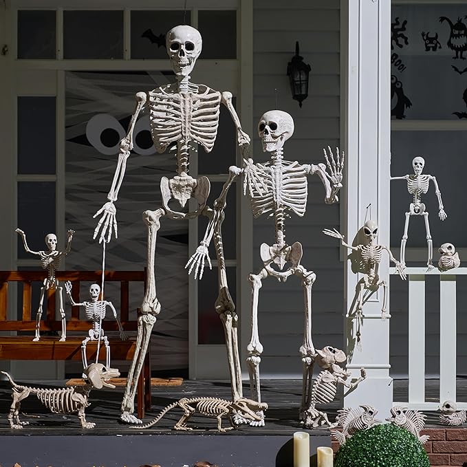 JOYIN 6.9 FT Halloween Skeleton Posable Plastic Full Body Realistic Human Bones with Movable Joints for Indoor Outdoor Halloween Props Spooky Scene Party Decorations（White, No Screwdriver）