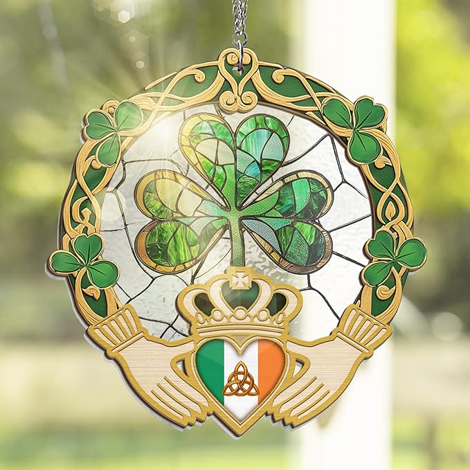 Irish Gifts, Shamrock Decorations - St Patricks Day Decor, Birthday, Christmas, Good Luck, Irish Gifts for Women Men, Claddagh, Celtic Home Decor - Window Suncatcher Hanging Decorations 12 in