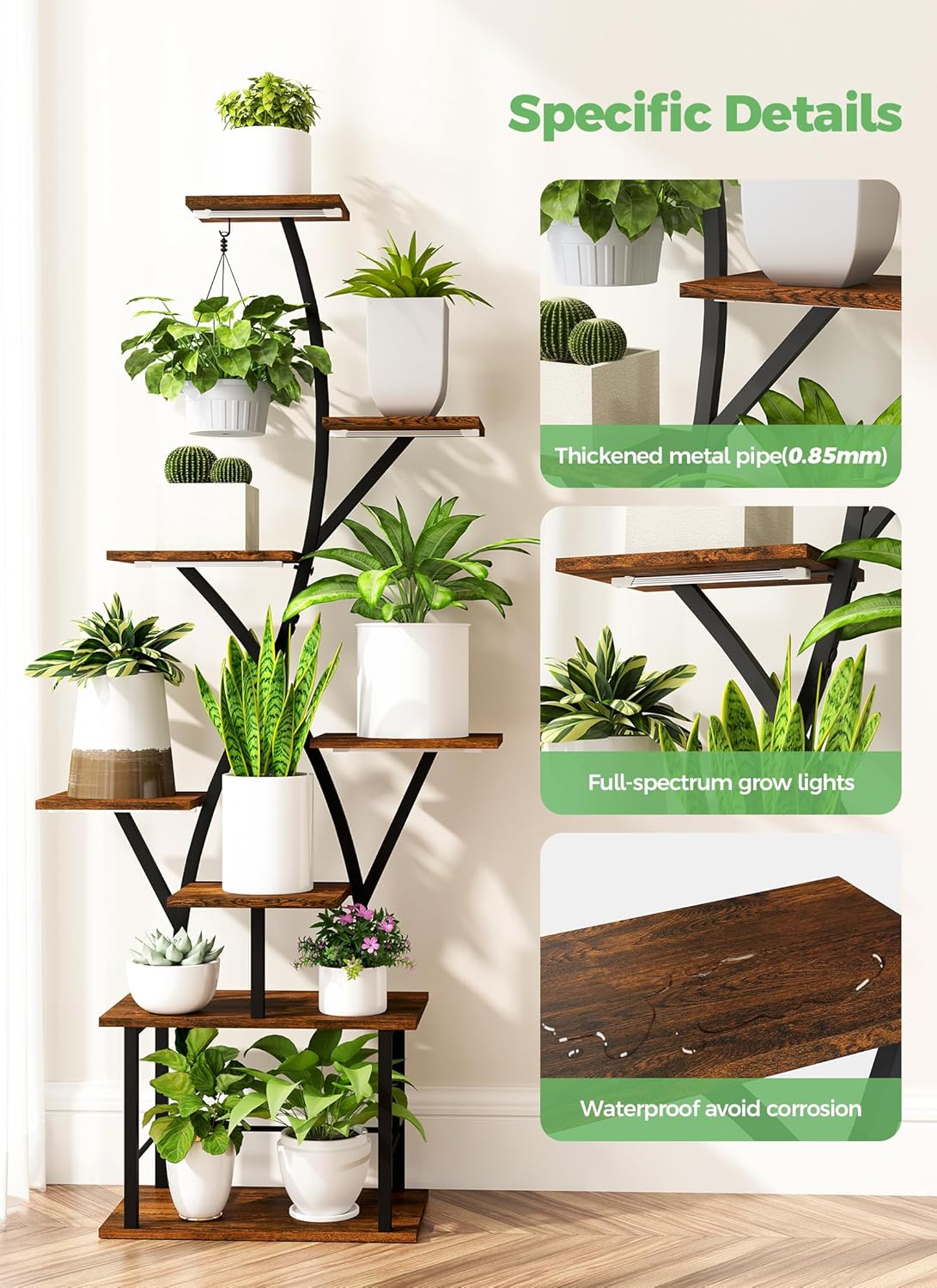 Plant Stand Indoor with Grow Lights 64" Tall Plant Shelf Corner Lighted Plant Stands for Indoor Growing Multiple Metal 8 Tiered Large S-Shape Flower Plant Rack for Home Decor Patio Balcony
