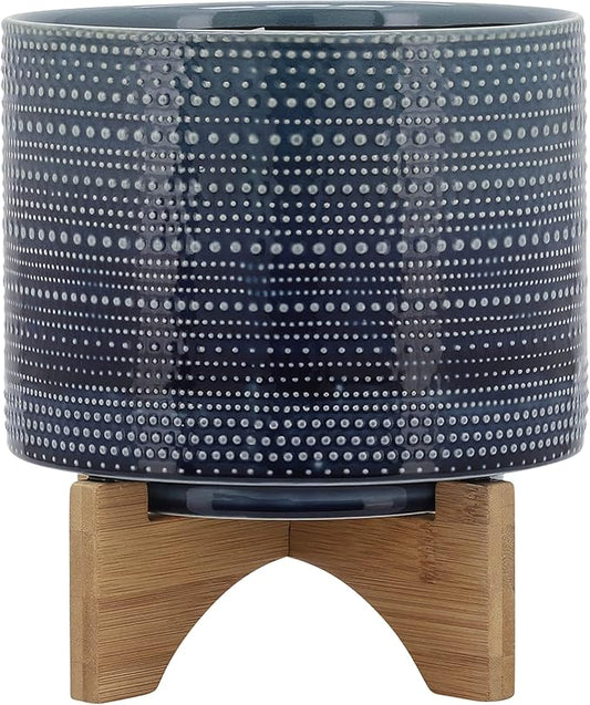 Sagebrook Home Textured Ceramic Planter with Wood Stand, Elevated Indoor/Outdoor Planter, Blue with Gray Dots, 8 L x 8 W x 10 H