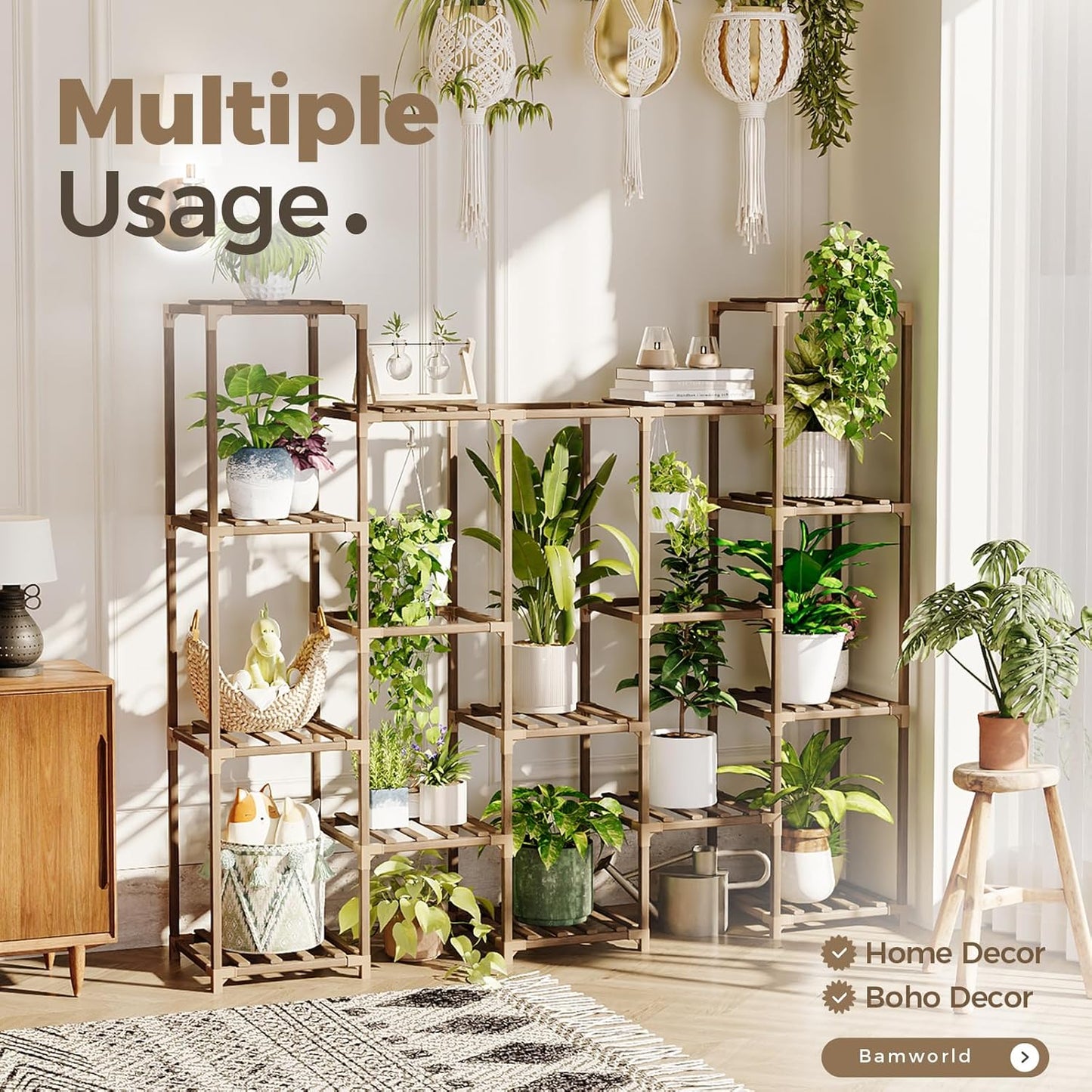 Bamworld Large Hanging Plant Stand Indoor Tall Plant Shelf Outdoor 14 Pots Large Plant Rack for Living Room Patio, Balcony and Garden