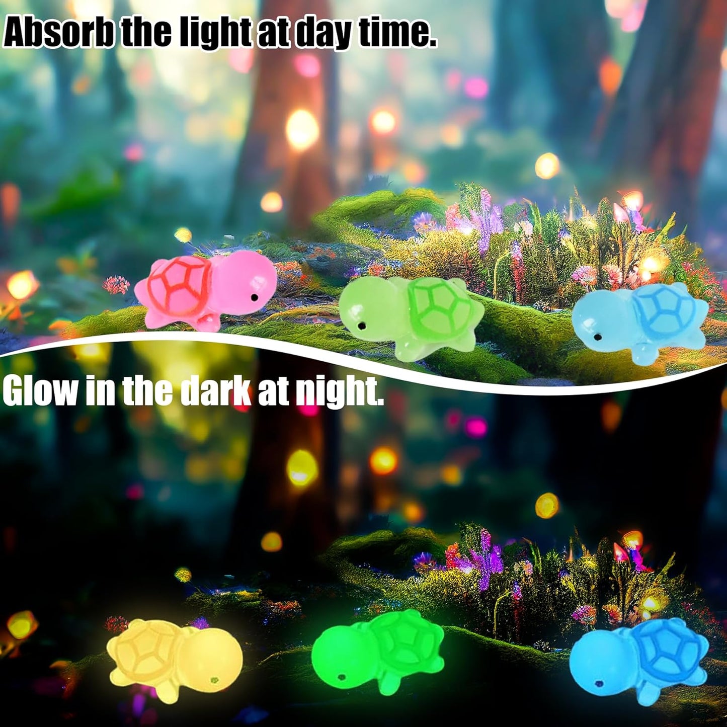 Luminous Mini Turtle Figurines - Glow in The Dark, 50 PCS, 6 Colors, Miniature Moss Landscape Decoration