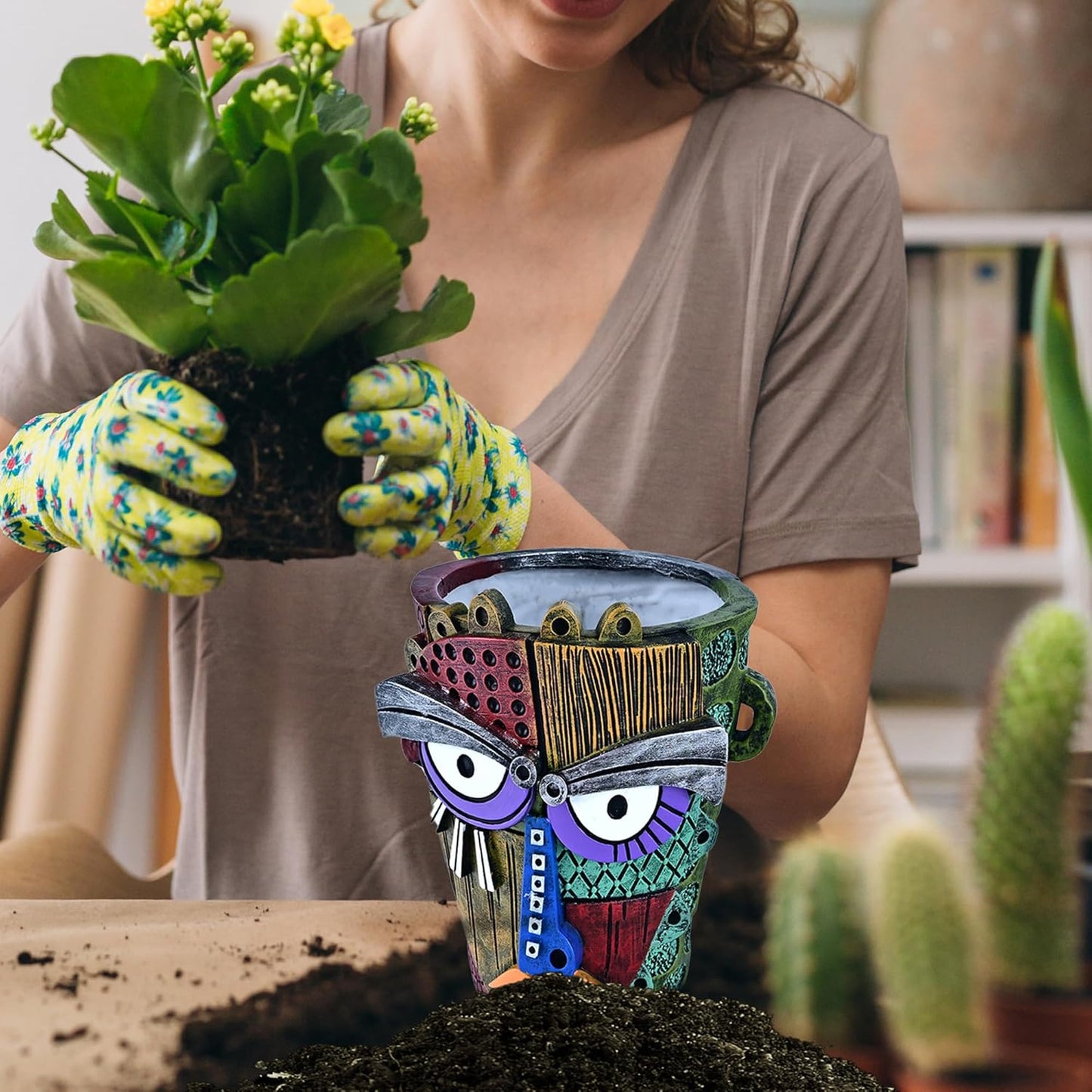 Bohemian Face Planter Pots for Plants,Hand-Painted Colorful Flower Pots with Drainage, Indoor Outdoor Garden Decor Gift(Classic,Small)