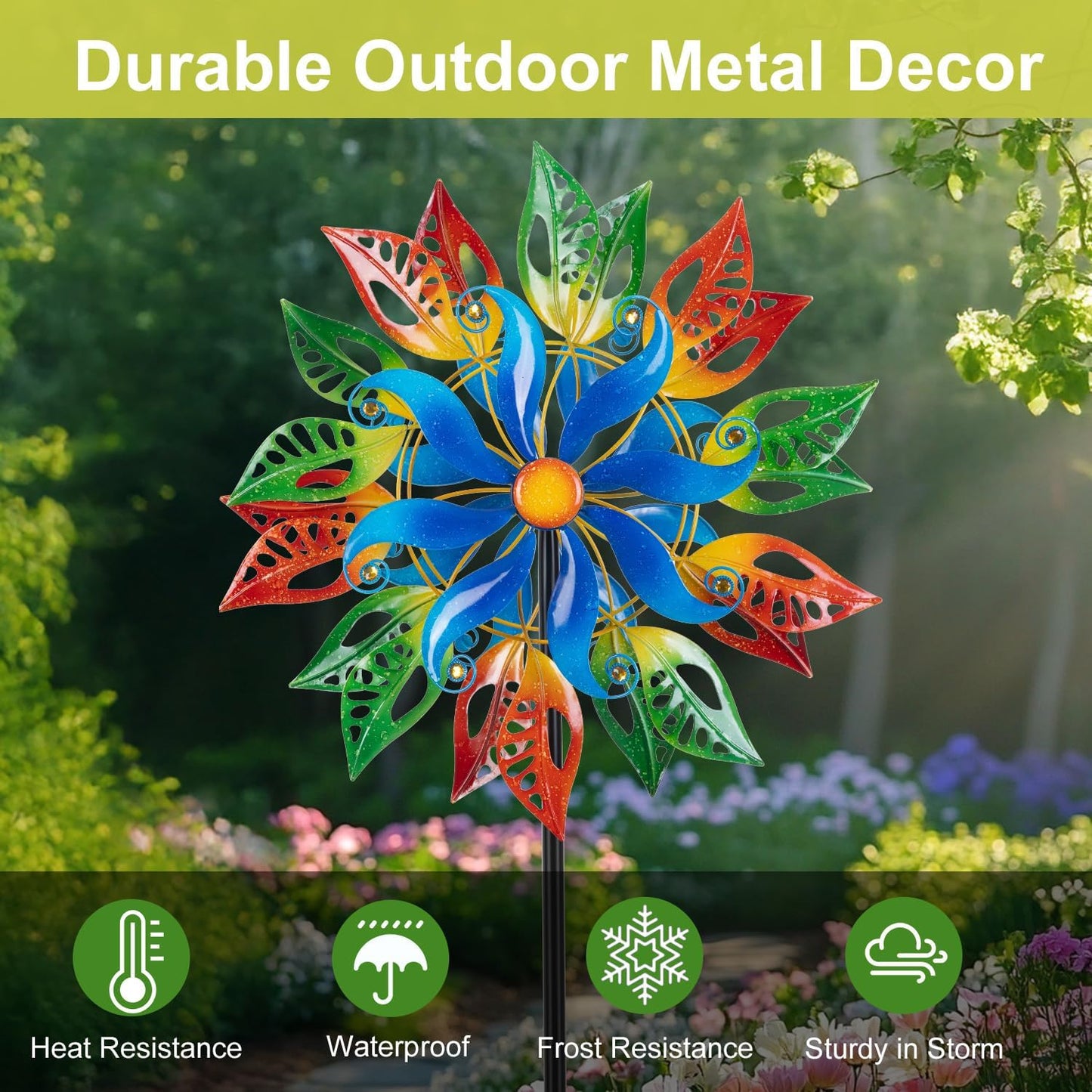 Extra Large Wind Spinners Outdoor, Metal Green Leaf Wind Sculpture Yard Art Decor, Windmill for Yard, Garden, Patio, Lawn and Courtyard 84 * 24 Inches