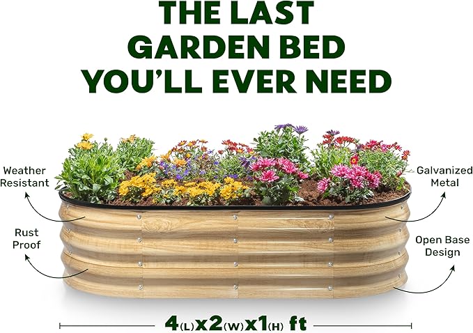 Galvanized Raised Garden Beds Outdoor // 4×2×1 ft Planter Raised Beds for Gardening, Vegetables, Flowers // Large Metal Garden Box (Natural Wood Grain)