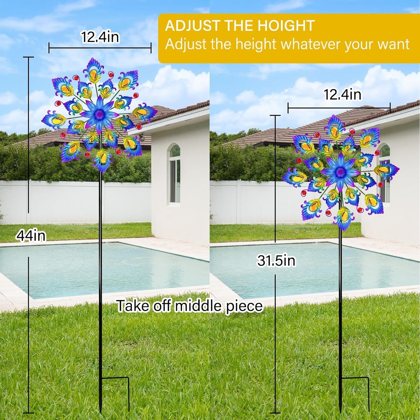 45" Feathers Wind Spinners for Yard and Garden, 16pcs Peacock Feathers Kinetic Outdoor Decor, Wind Sculpture Yard Art Decorations for Patio, Lawn