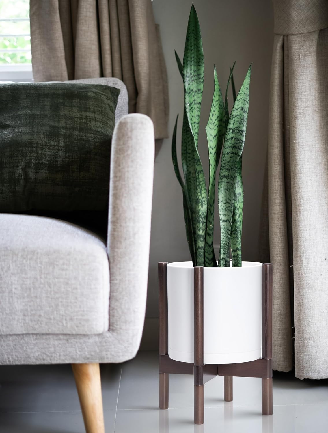 D'vine Dev Planter Pot with Stand - 10 Inch Plastic Cylinder Flower Pot with Wood Planter Holder for Indoor, Matte White Pot + Walnut Color Stand, 55-C-L-1