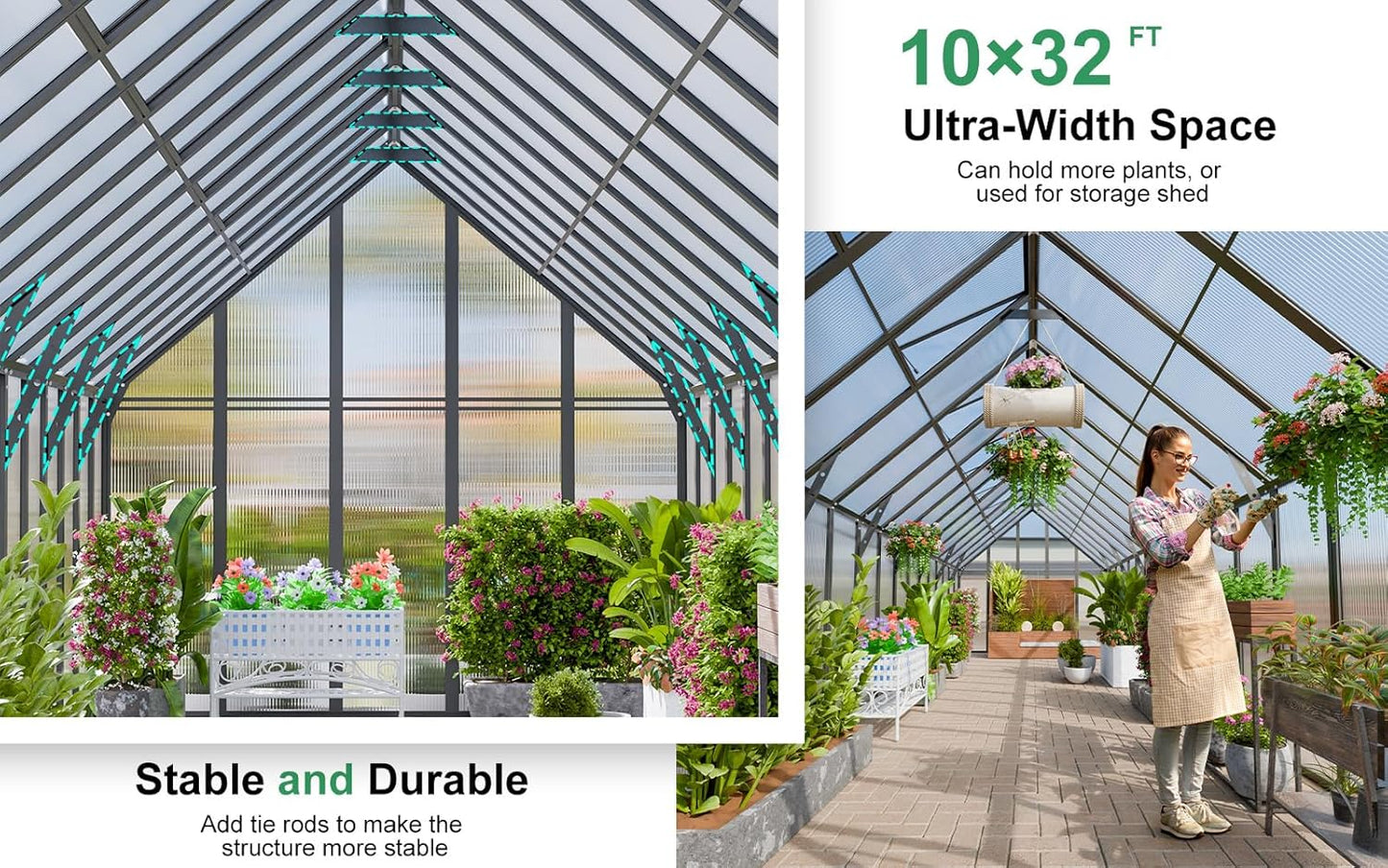 CDCASA 10x32 FT Greenhouse for Outdoors,Large Easy Assembly Thicker Aluminum Polycarbonate Greenhouses w/7 Windows, Double Door, Walk-in Green House for Outside,Patio,Backyard,Garden