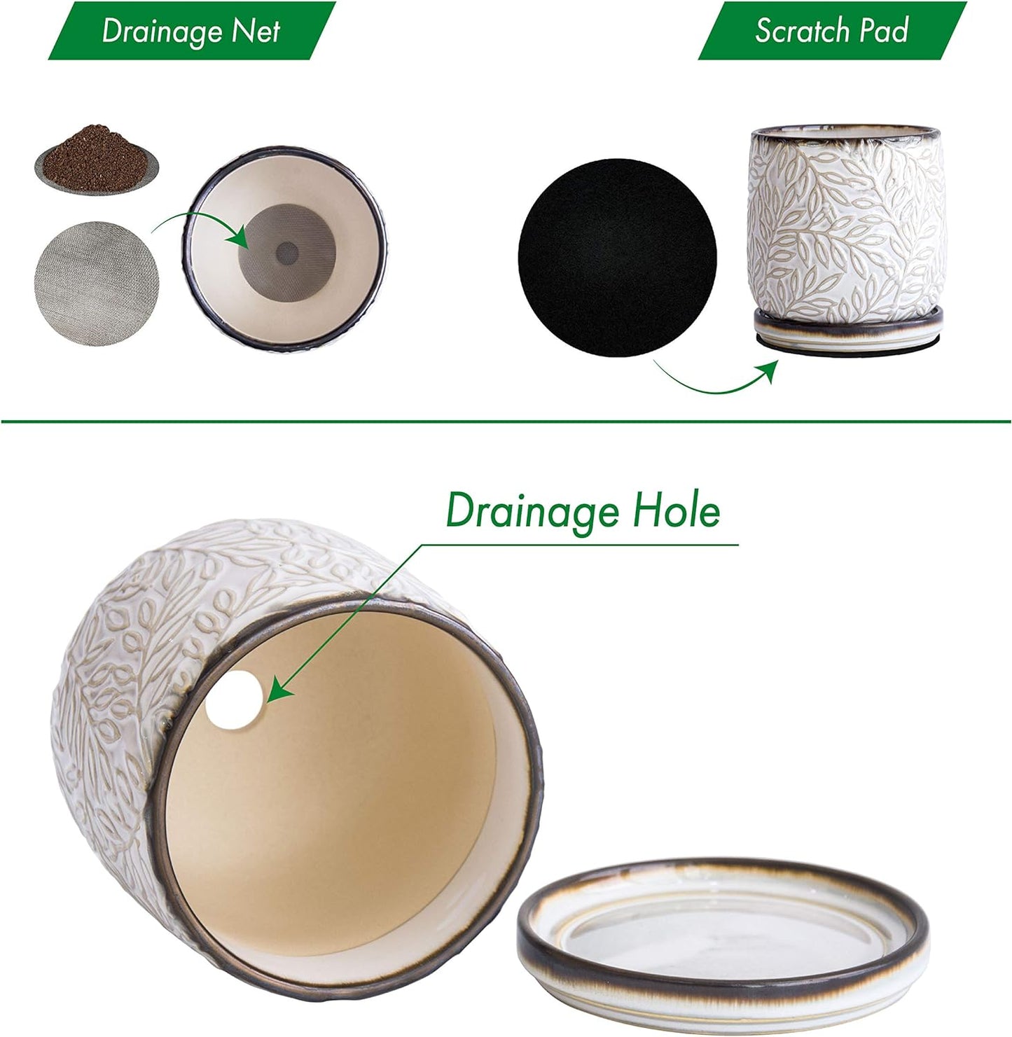 D'vine Dev 4 Inch Embossed Leaves Stoneware Planter Pot with Drainage Hole and Saucer, Smoked White, Set of 1, 27-A-Z-1