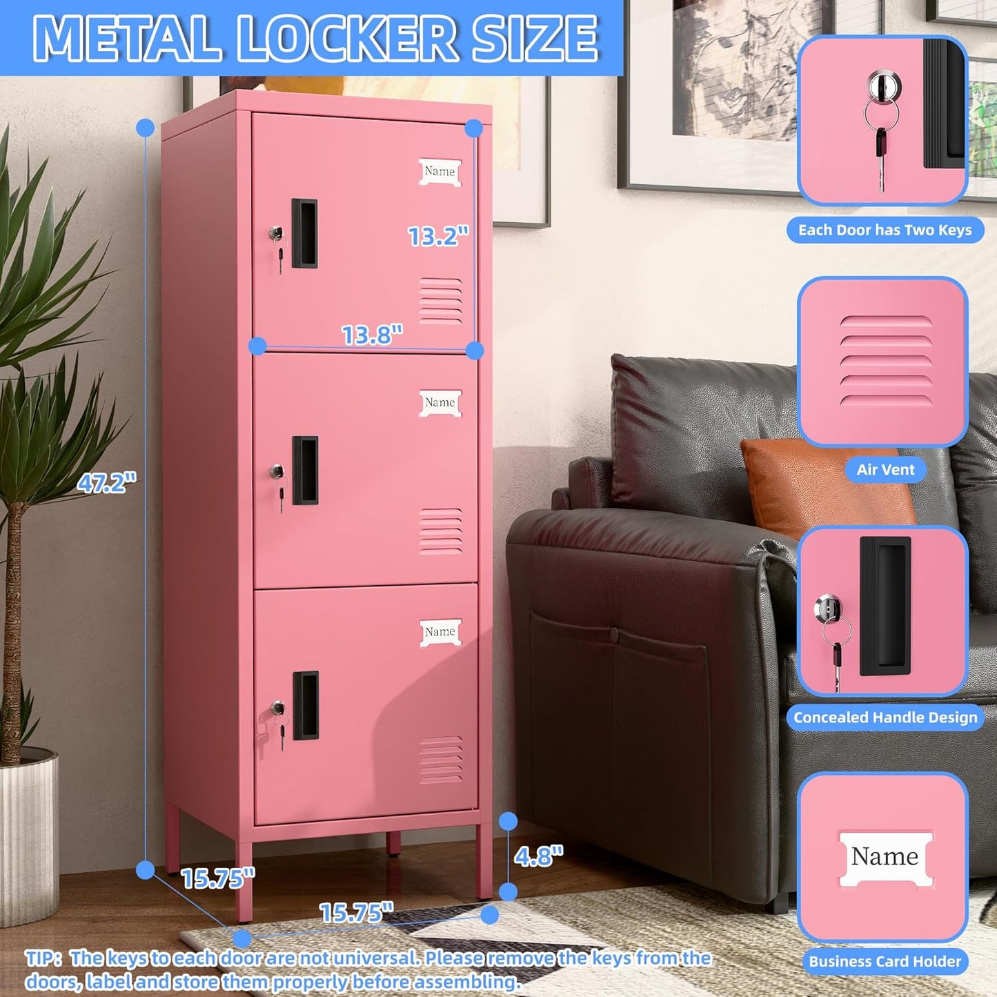 Metal Locker with Ventilation Holes, Metal Storage Cabinet with Lock and Card Slot for Home,School, Office, Garage,47.3" H x 15.8" W x 15.8" D,Assembly Required,Pink