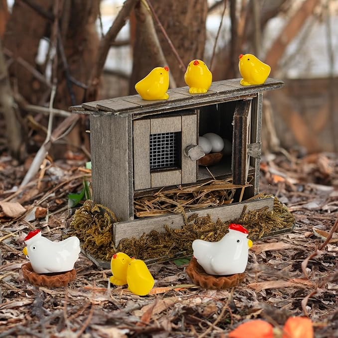 Nicunom 20Pcs Miniature Retro Wooden Chick Coop, Mini Family Chickens, Hen, Chick, Egg, Chicken Nest Ornament for Fairy Garden Accessories, Micro Landscape Lawn Decor
