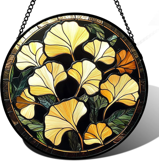 Stained Glass Window Hanging - Ginkgo Leaf Suncatcher for Doors Garden Patio Retro Fall Decor Sun Catchers Christmas Mother's Day Birthday Gifts for Women Men Mom Nana Friend 7.8 in