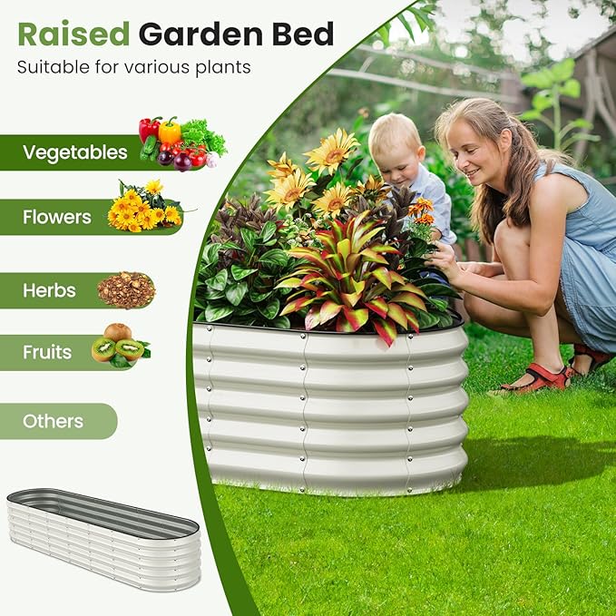 Oval 8x2x1.5 FT Galvanized Raised Garden Bed Kit, 31 in 1 Large Metal Planter Box for Outdoor Gardening, 18” Garden Bed for Vegetables Flower Herb(Pearl White)