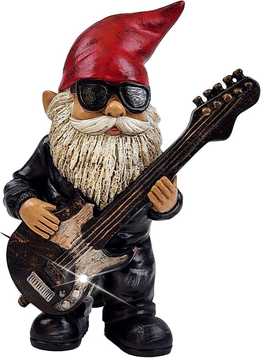Better Office Products Garden Gnome Statue, 8" Height, Handcrafted Waterproof, UV-Resistant Polyresin Lawn Patio Porch Ornament Decoration (Rock Star with Solar Light)