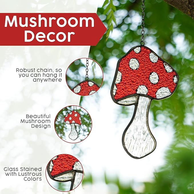 SENSORY4U Fly Agaric Hand-Painted Mushroom Stained Glass Suncatcher 3-Pack - Moon and Toadstool Window Hanging Ornaments - Nature-Inspired Home Décor for Plant and Mushroom Lovers