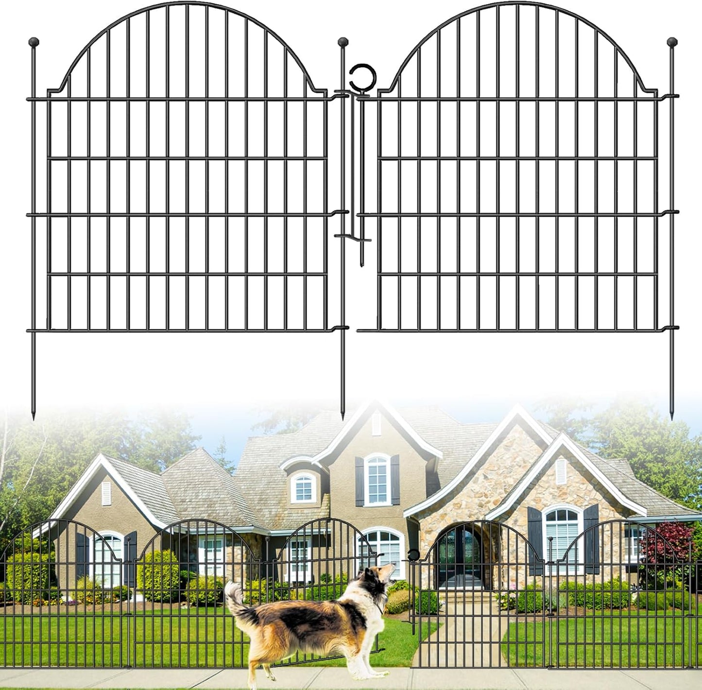 Decorative Metal Garden Fence with Gate Lock 5 Panels, 32in (H) x 11.8ft (L) No Dig Dog Fence Outdoor for Yard, Temporary Rustproof Metal Wire Rabbit Dog Garden Border Fencing for Patio