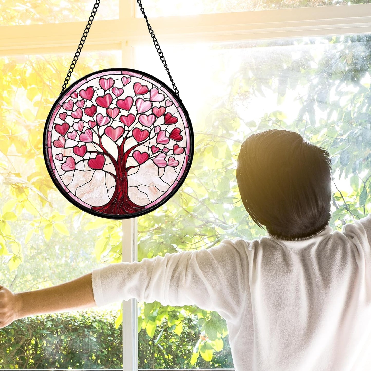 Stained Glass Window Hanging, Valentine's Day Gifts Pink Love Heart Tree Suncatcher Hangings Beige Sun Catchers Decor for Birthday for Women, Men, Wife, Aunt, Mom 6.3 in