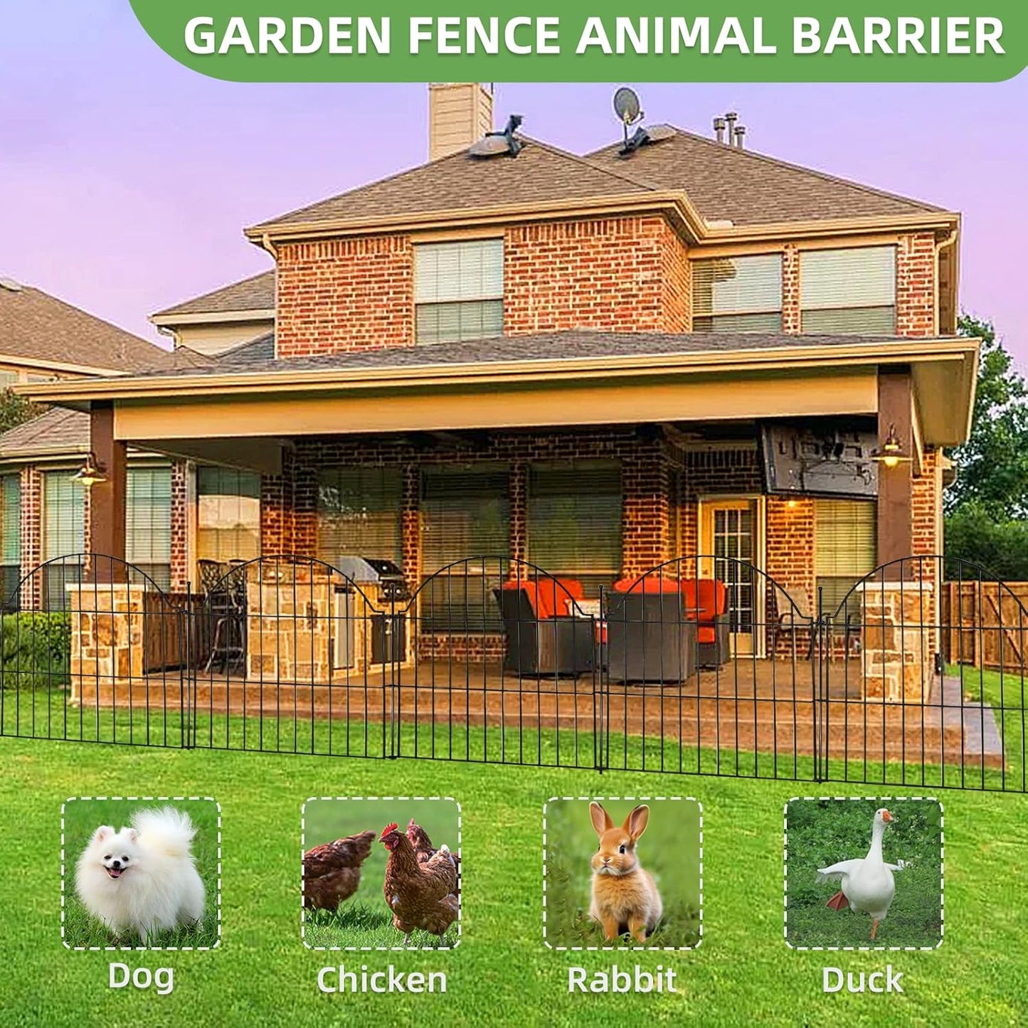 Decorative Metal Garden Fence with Gate Lock 5 Panels, 24in (H) x 10ft (L) No Dig Dog Fence Outdoor for Yard, Temporary Rustproof Metal Wire Rabbit Dog Garden Border Fencing for Patio