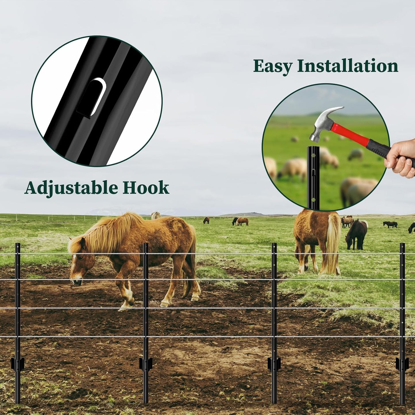 10 Pack Garden Fence Post, 3 Feet Heavy Duty Metal U-Post for Wire Fence, No Dig Garden Fence Stakes for Temporary Fencing, Electric Fence Wire, Corner Anchor, and More-Black