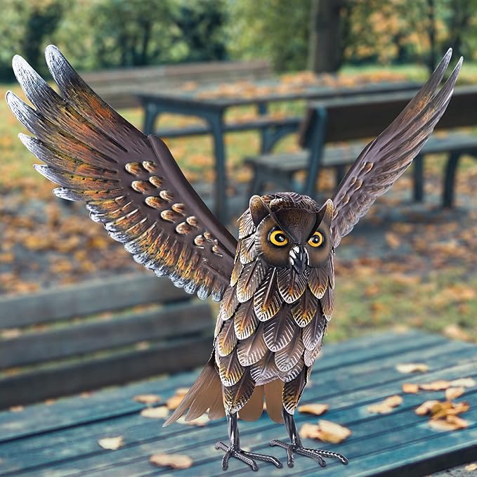 Natelf Garden Owl Sculptures & Statues, Standing Metal Bird Yard Art Sculpture for Patio Backyard Pond Outdoor Decorations