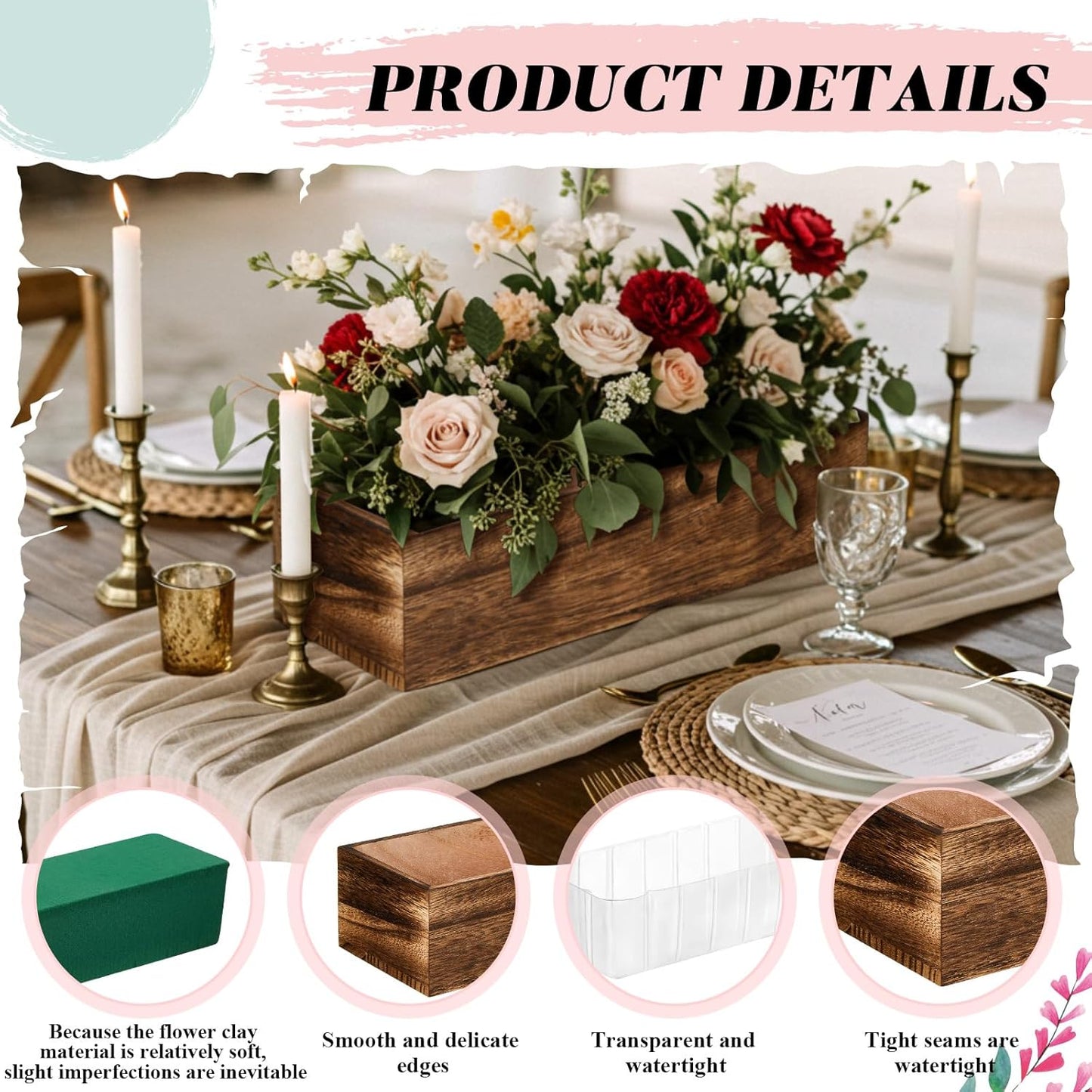 Dandat 1 Set Wood Boxes for Centerpieces 12x4 Inch Rectangle Wooden Planter Box Rustic Wood Planter with Removable Plastic Liner Floral Foam Blocks for Centerpieces Home Wedding Garden Decor