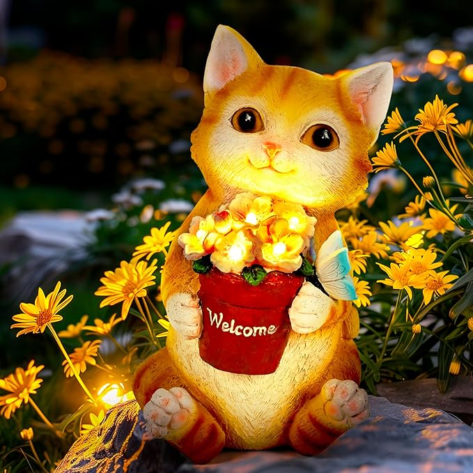 GIGALUMI Solar Garden Decor Flower Pot Cat Statues Outdoor, Birthday Gifts for Women, Gifts for Mom Grandma Senior Elder, Cat Ornament for Balcony, Garden, Patio, Yard, Lawn
