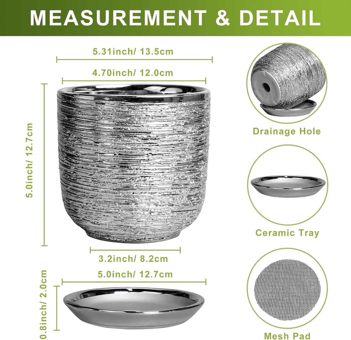 Ceramic Plant Pot 5 Inch - Indoor Planter with Drainage Hole and Saucer, Round Modern Flower Pot for Succulent Plants, Housewarming Gifts, Office Home Desk Decor, Silver