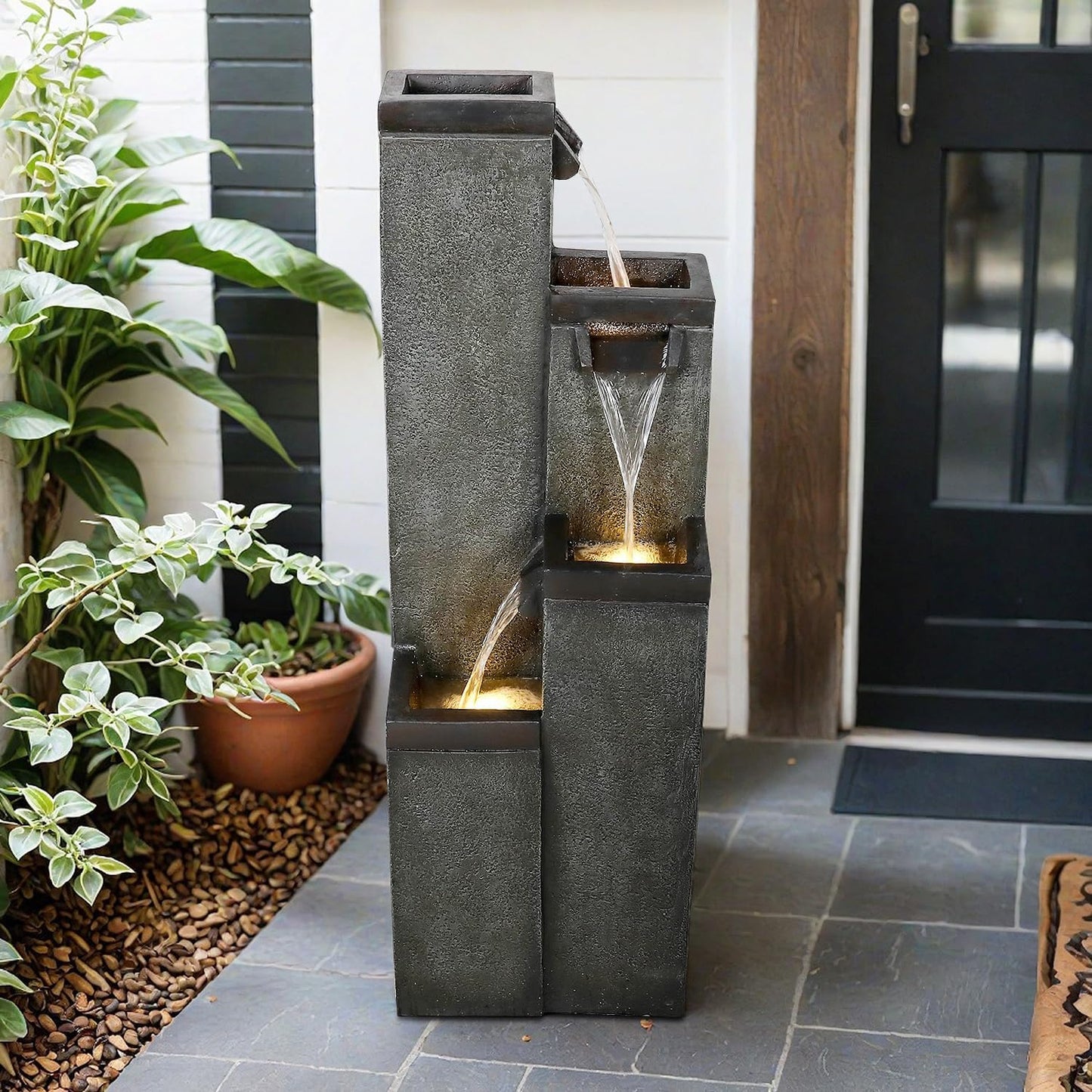 SunJet 4-Tier Modern Water Fountain, Indoor/Outdoor Resin Water Fountains with Soothing Water Sounds, Perfect for Garden, Patio, Home & Office, 12.5" L x 9.4" W x 39.3" H