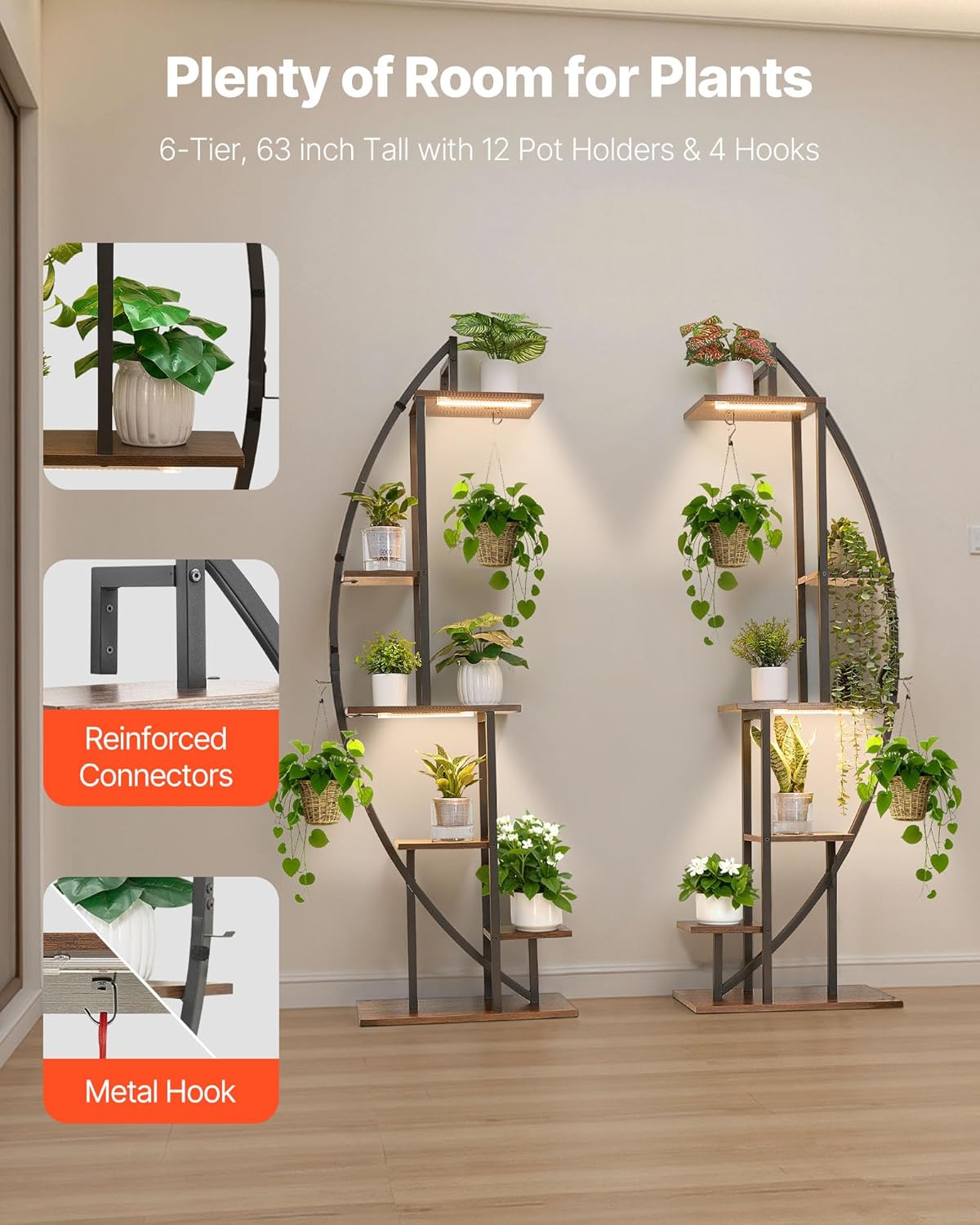 VEVOR Plant Stand Indoor with Grow Lights, 63 in Tall 6-Tiered Lighted Plant Shelf, 2 Pack Metal Corner Plants Holder, 3 Timer & 10 Brightness, Half-Moon Shaped Flower Display Rack for Living Room