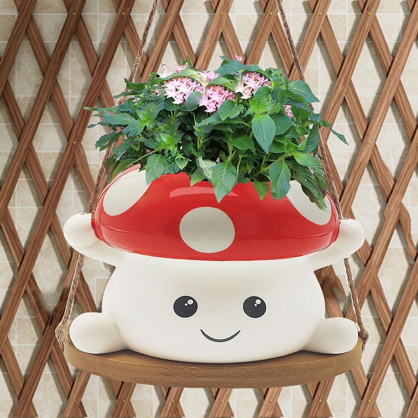 Mushroom Swing Plant Pot,Ceramic Hanging Plant Holder for Indoor Outdoor Plants,Cute Plant Hanger Flower Pot Mushroom Garden Decor Mushroom Gift