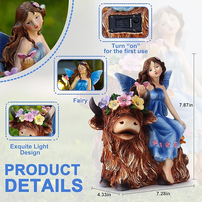 Solar Angel Garden Statue - Garden Fairy Sitting on a Highland Cow with Flowers, Butterflies and 5 LED Lights - Decorate Table, Terrace, Lawn, Birthdays, Grandma, mom