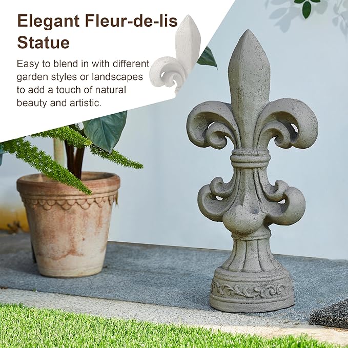 Glitzhome Fleur De Lis Garden Statue MGO Outdoor Decration, 21.25" H, Concrete Grey
