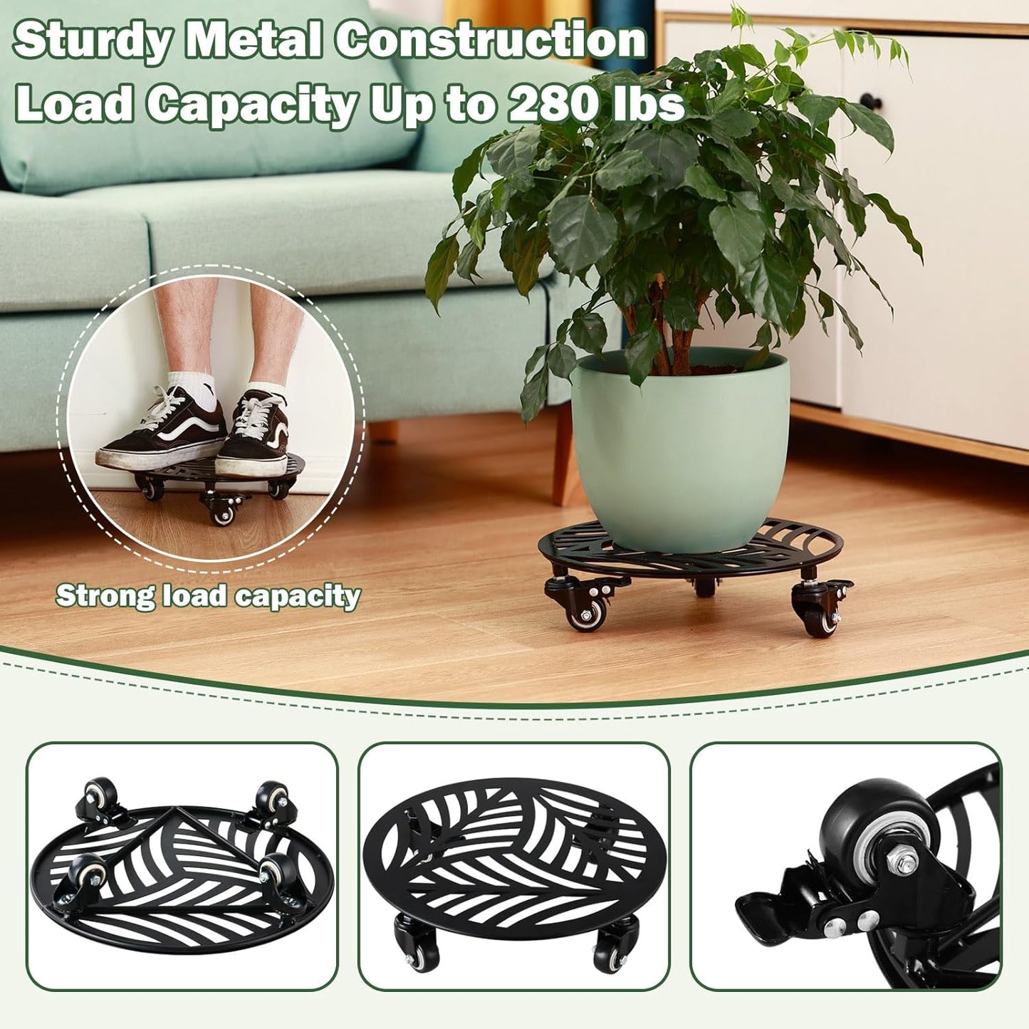 1 Pack Large Metal Plant Caddy with Wheels 13.5 Inches Heavy-duty Iron Rolling Plant Stand with Casters Indoor Outdoor Plant Roller Base Planter Movers Garden Dolly Coaster Trolley Black