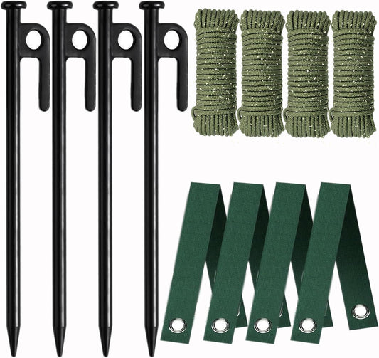 Tree Stake Kits, Tree Stakes and Supports Kits for Hurricane Protection & Bad Weather, Include 4 PCS 11.8" Heavy Duty Steel Tree Stakes, 4 PCS 15.8" Tree Straps and 4PCS 16.4FT Rope