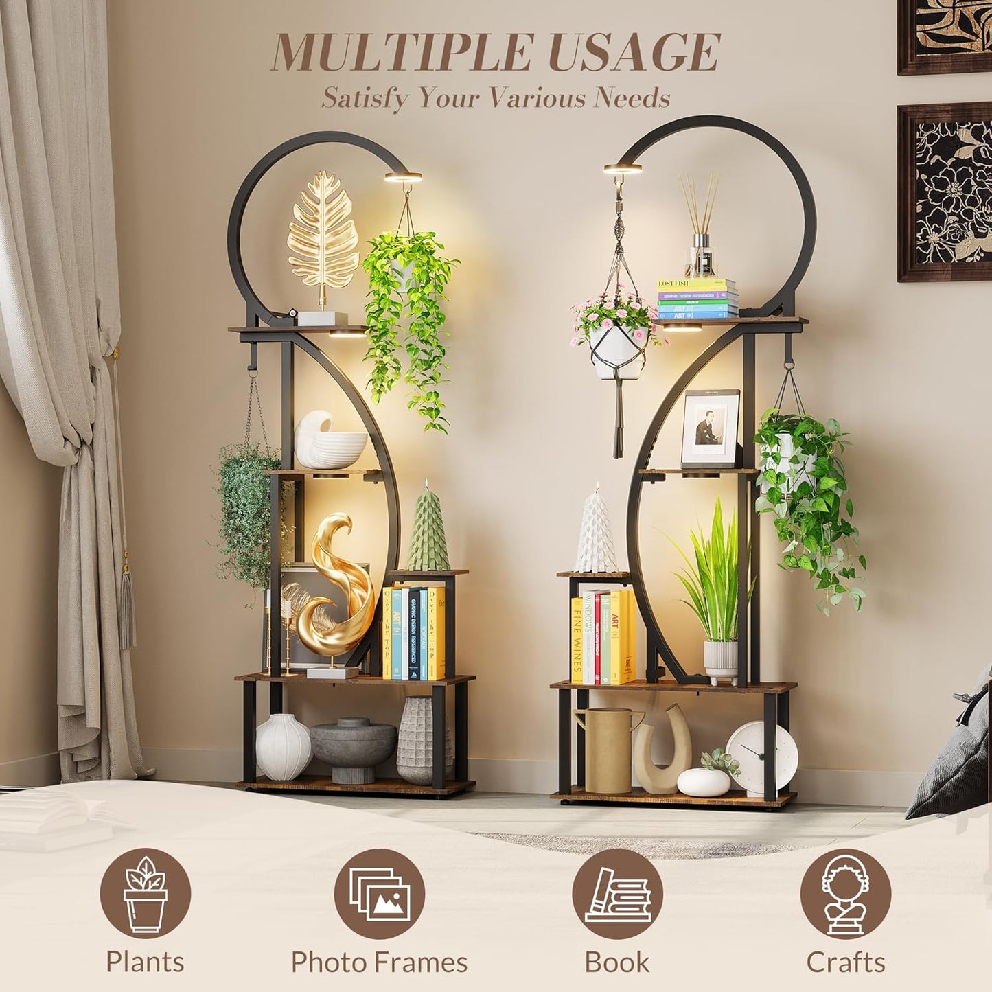 Indoor Plant Stand with Grow Lights, Half-Heart Shape Metal Shelf with Multiple Wood Boards and Hooks for Hanging & Potted Plants, Tall LED Display Rack for Living Room, Balcony Décor