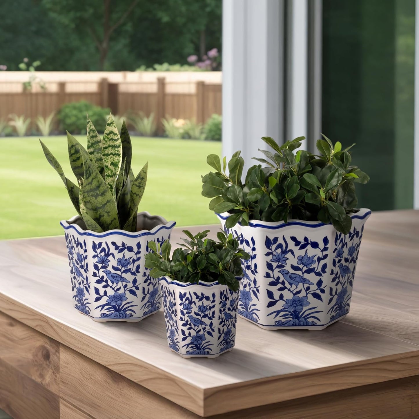 Home Decor Flower Pots and Planters – Intricate Pots with Floral Pattern for Indoor and Outdoor Plants - Vintage Plant Pots Great for Garden, Patio, or Room Decor Set of 3 – 9", 8", 7" Blue & White