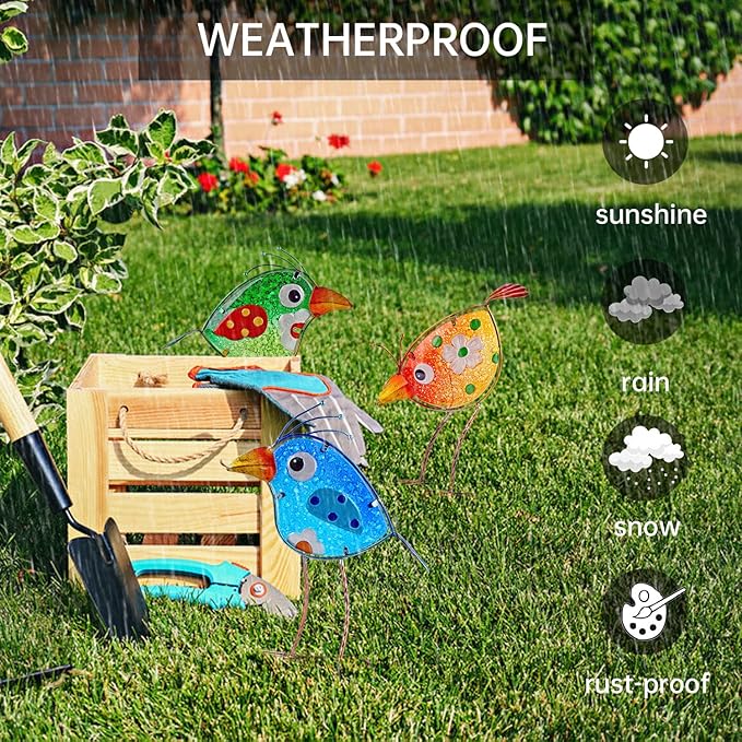 John's Studio Garden Decor for Outside - Outdoor Statue Decorations Metal Bird Glass Yard Art Décor, Lawn Ornaments for Patio Yard Porch, Housewarming Gift - 3 PCS