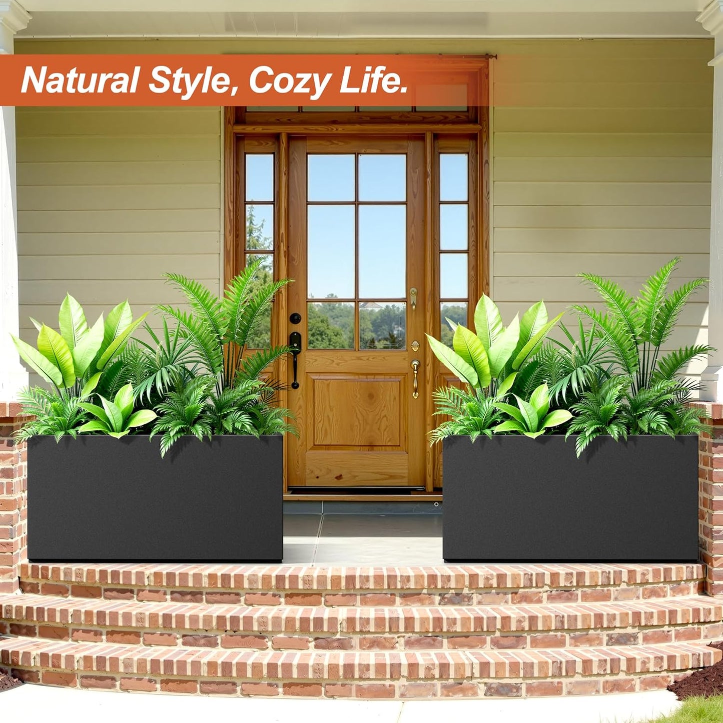 Metal Rectangular Planter for Outdoor Plants, Coated Large Planter Box with Drainage, Outdoor Patio PLanters with Sturdy Thickened Material for Yard, Garden