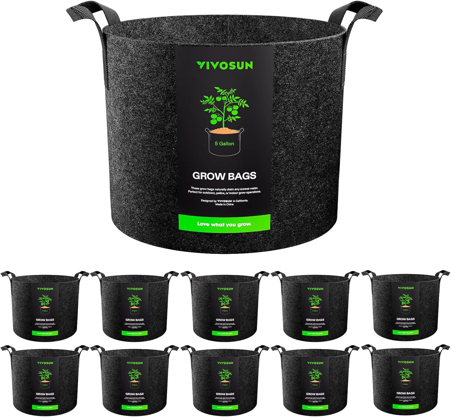VIVOSUN 10-Pack 5 Gallon Grow Bags, Reinforced Planter Fabric Pots for Gardening Black