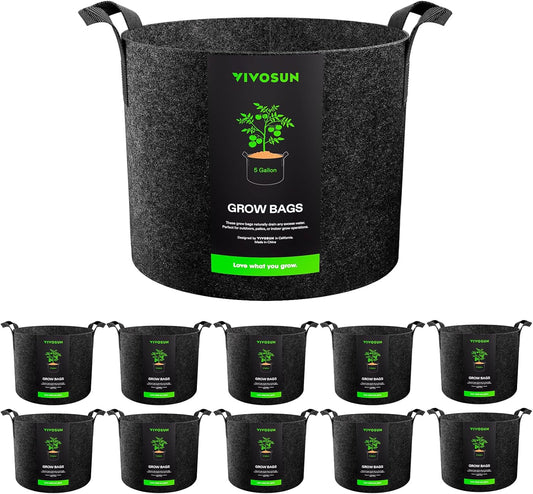 VIVOSUN 10-Pack 5 Gallon Grow Bags, Reinforced Planter Fabric Pots for Gardening Black