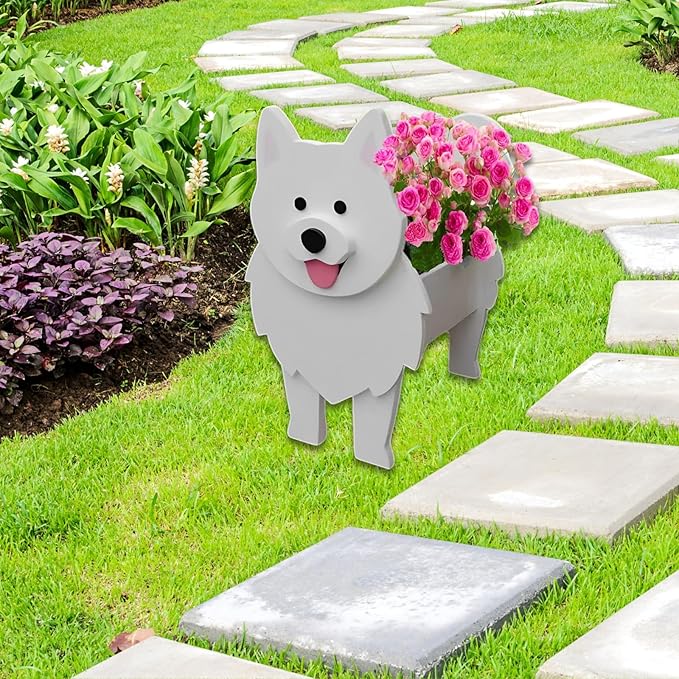 Samoan Dog Planter Plant Pots,Cute Garden Dog Flower Planter,Dog Planters Birthday Gifts for Women,Office,Indoor/Outdoor Decor（9.45 * 6.77 * 13.46in）