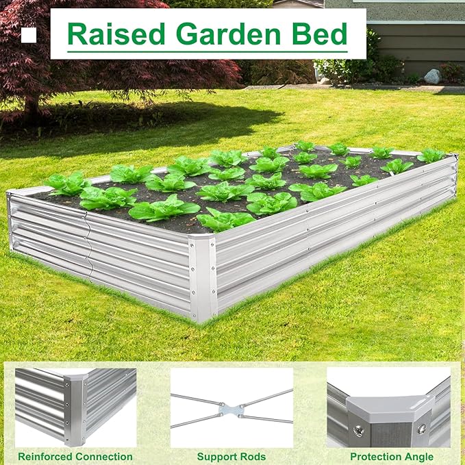 JERIA 8×4×1ft Raised Garden Bed with Support Rods,Galvanized Raised Garden Bed Kit Outdoor Metal Gardening Planter Box for Vegetable, Fruits, Flower