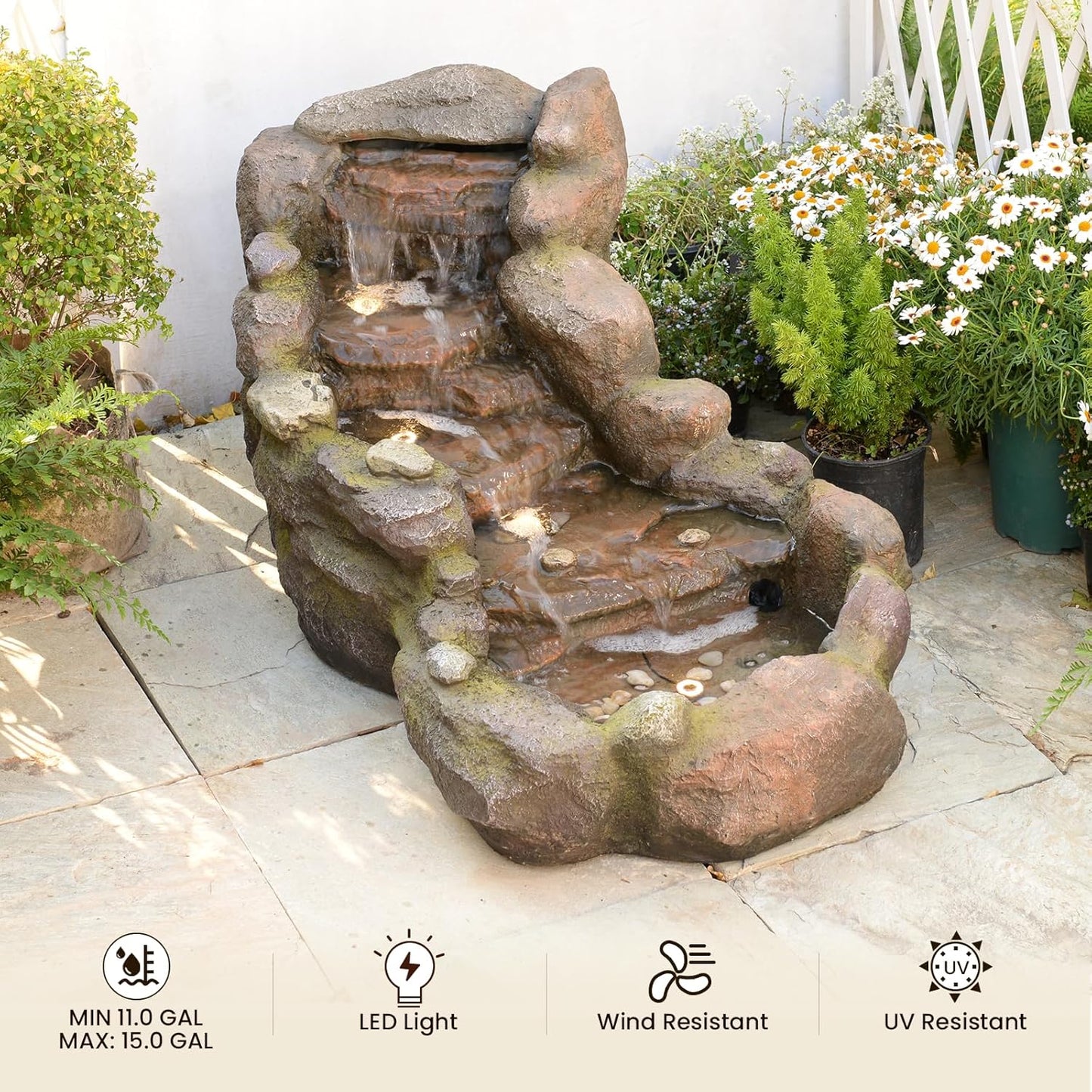 42 in Natural-Style Tier Garden Rock Water Fountain Outdoor, Floor-Standing Fountains That Feature Gentle Waterfall and LED Lights for Patio, Backyard, Deck, Porch, Home Décor