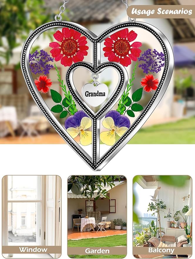 KY&BOSAM Heart Suncatchers Grandma Gift Ornament Stained Glass Sun Catcher Garden hangings Windows with Pressed Flower Heart Embedded in Glass Gifts for Grandma Mother`s Day Birthday Gifts