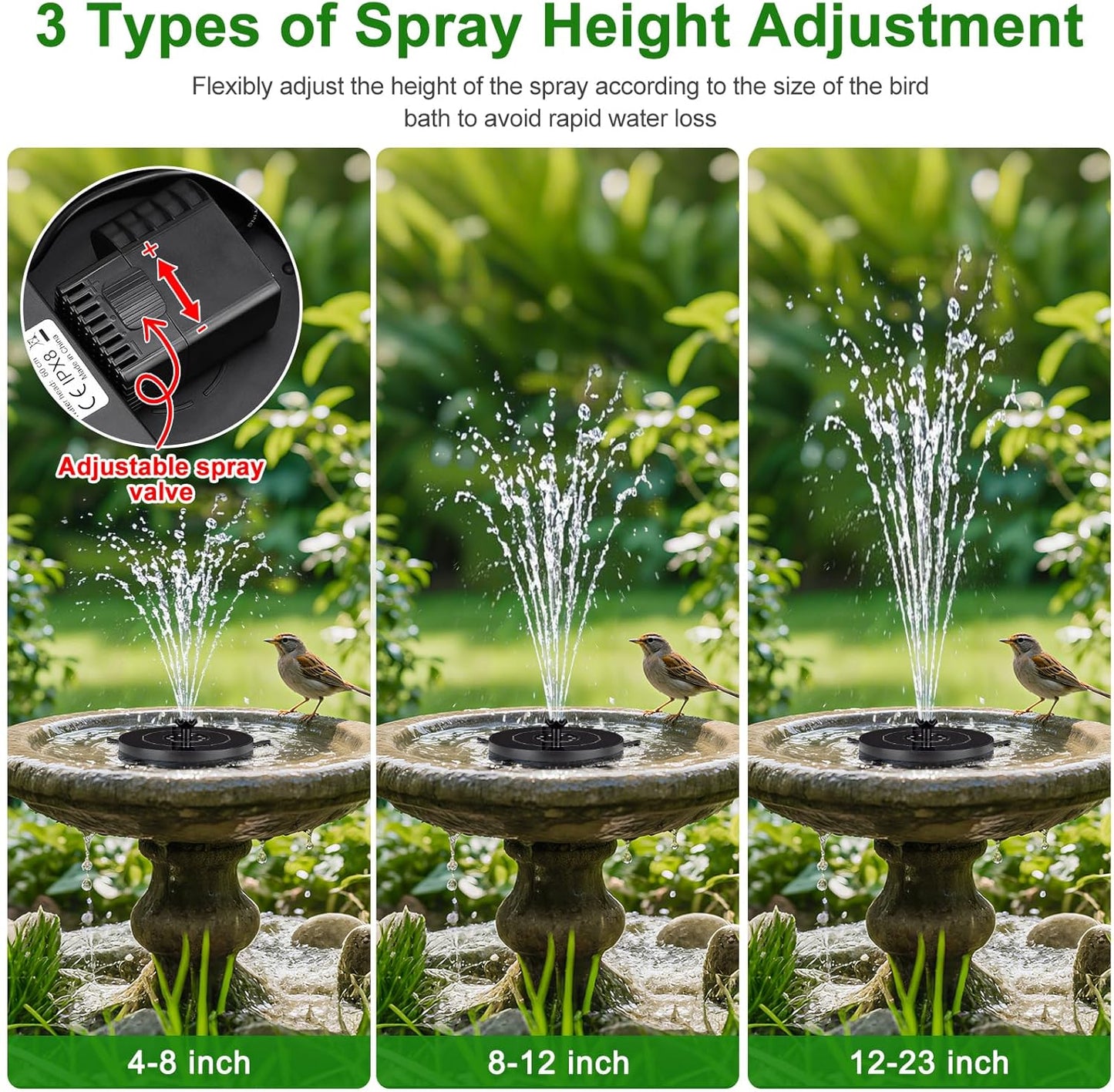 Solar Fountain Pump with 3 Spray Height Adjustments, Upgraded Glass Solar Bird Bath Fountains with LED Lights,6 Nozzles,Outdoor Solar Water Fountain Pump for Bird Bath, Garden, Pool, Pond