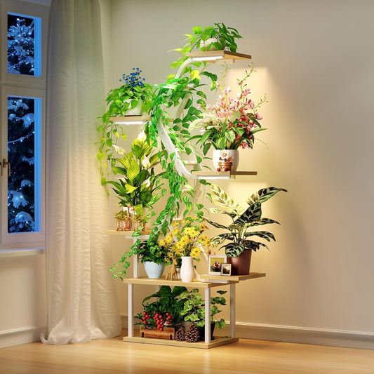 White Plant Shelves with Grow Lights: 7-Tier 65" Tall Stand for Indoor Corners, Living Room Display or Bedroom Gardening Rack