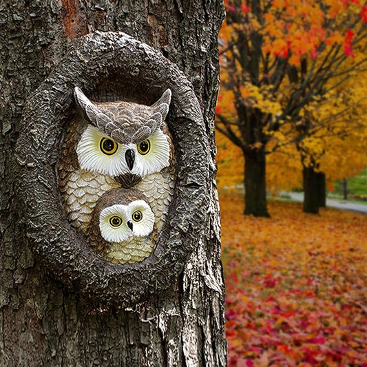Owl Mom and Owlet Tree Hugger, Outdoor Garden Sculpture Tree Faces, Owl Bird Garden Resin Statue, Tree Peeker Ornament, Durable & Waterproof, Decorations Gardening Presents for Housewarming Birthday