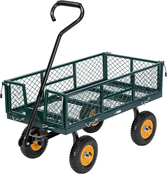 VIVOHOME Heavy Duty 550 Lbs Capacity Mesh Steel Garden Cart Folding Utility Wagon with Removable Sides (Green)