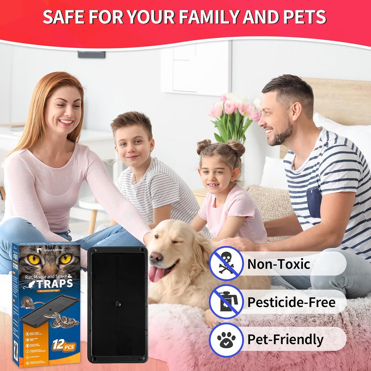 LULUCATCH Mouse Traps, 12 Pack Glue Traps, Pre-Baited Non-Toxic Bulk Mouse Traps Indoor for Home, Rat Traps Indoor for Mole, Mice, Snakes, Rodents, Pet Safe Pest Control