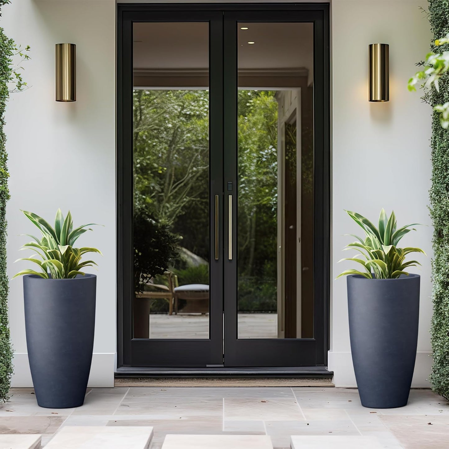 Kante 23.6" H Charcoal Concrete Tall Planters (Set of 2), Large Outdoor Indoor Decorative Plant Pots with Drainage Hole and Rubber Plug, Modern Style for Home and Garden